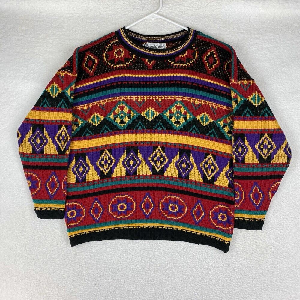Vintage Sweater Womens Sz M Multicolor Geometric Aztec‎ Reference Point USA Made